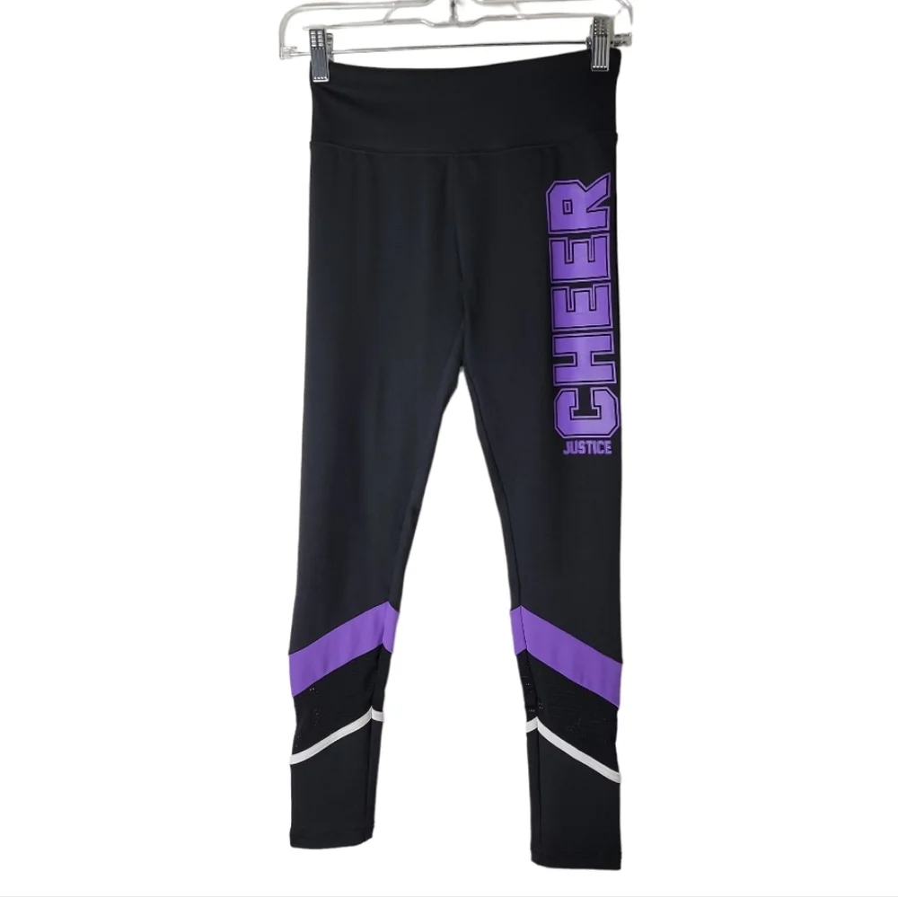 Justice girls black purple cheer graphic athletic leggings size 14/16